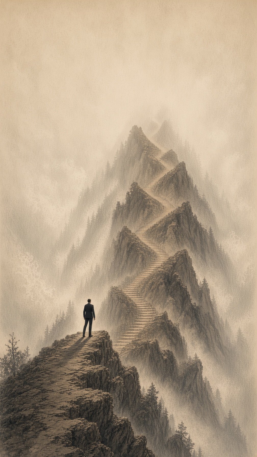 Illustration: a man in a suit at the base of a mountain, its staircase vanishing into mist