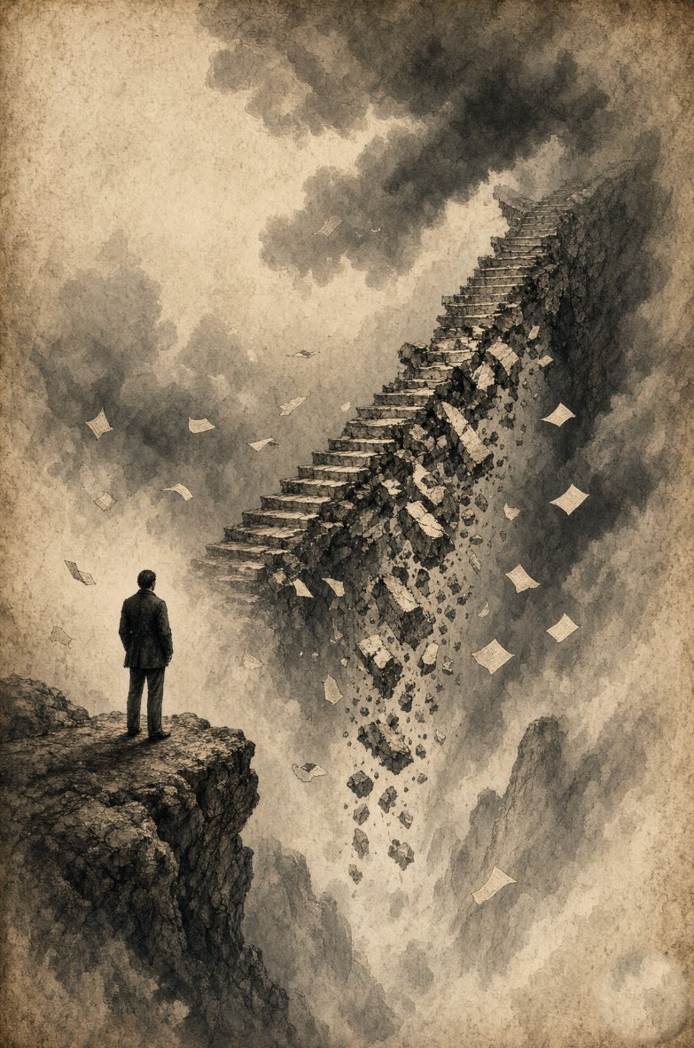 Illustration: the staircase collapsing into a chasm, papers scattering in the wind