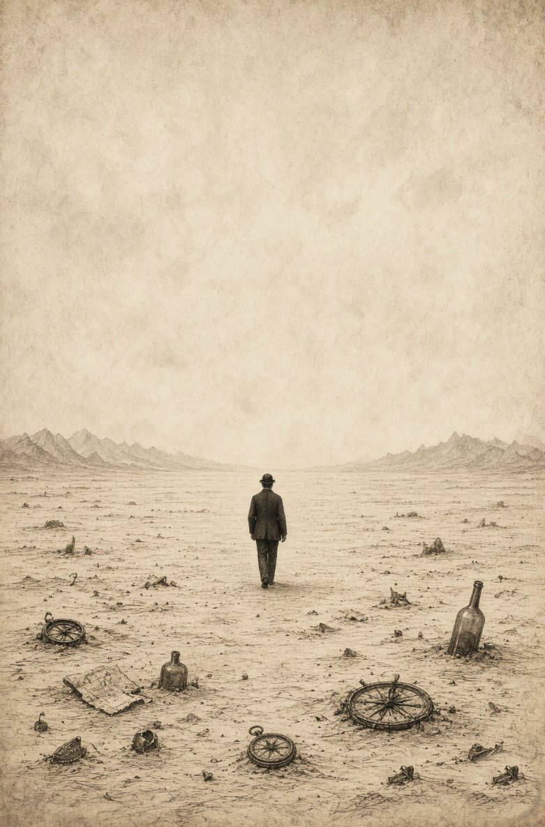 Illustration: a man walking a vast empty valley littered with broken compasses and torn maps
