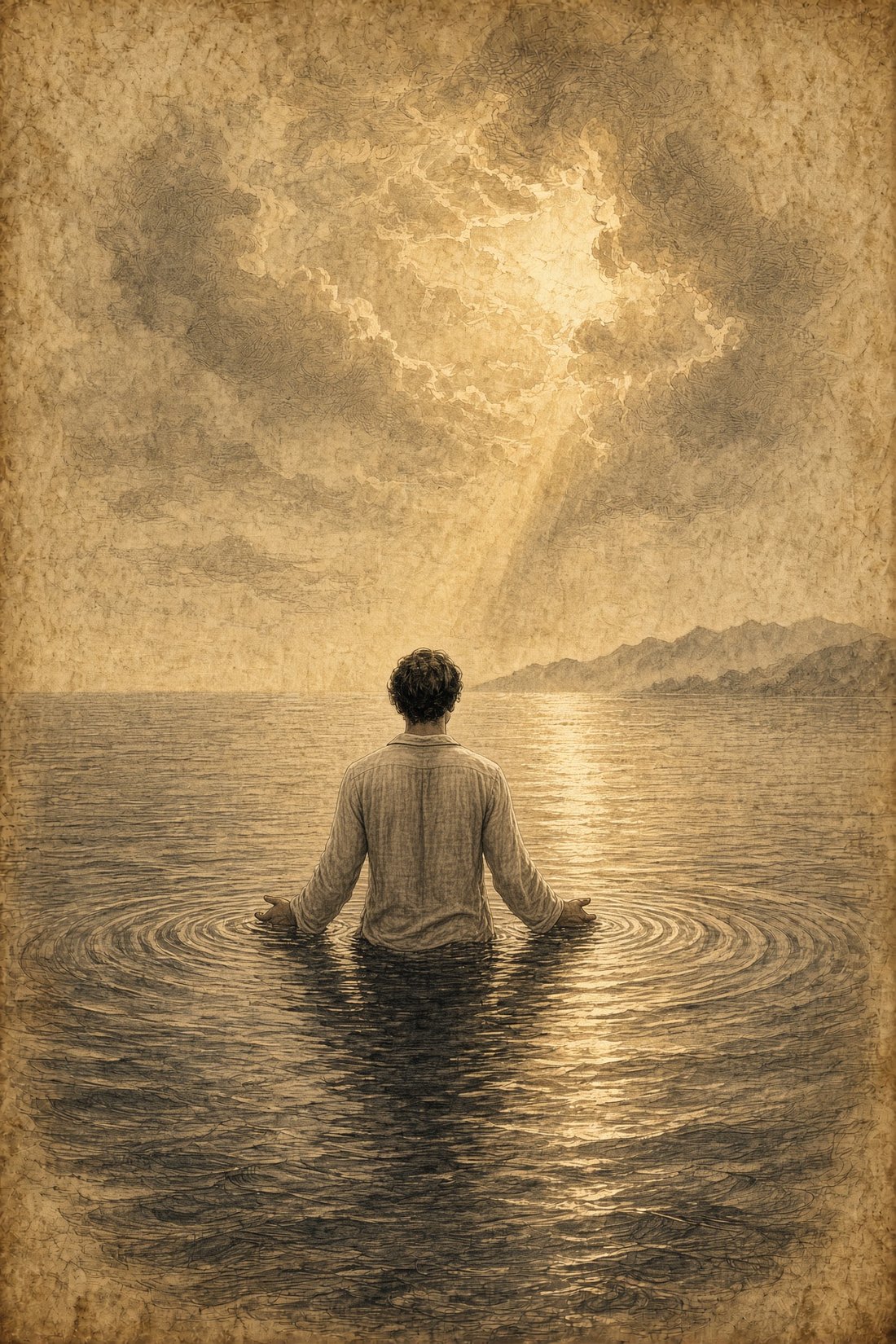 Illustration: a man waist-deep in the sea at dawn, light breaking through the clouds above